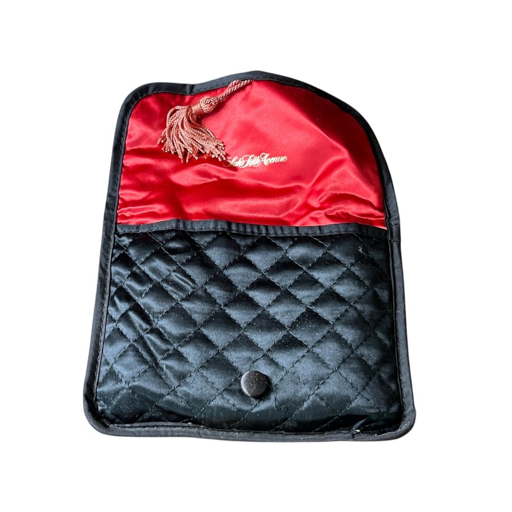 VTG SAKS FIFTH AVENUE Black Satin Quilted Pouch RED LINER w/TASSEL Jewelry Gift